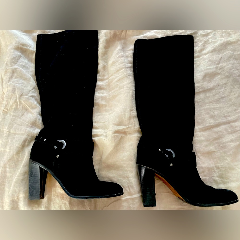 Donald J. Pilner Black Leather Knee High High Heel Suede Boots